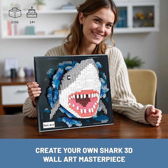 Shark Animal 3D Wall Art Micro Mini Building Blocks Set for Adults, Unique Home Wall Decor or Table Display, No Compatible with Lego, Ideal Birthday Toy for Kids Teens (2166 PCS)