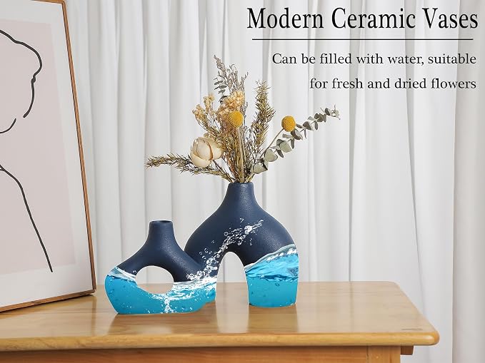 CEMABT Blue Ceramic Vase Set of 2 for Modern Minimalist Bohemian Decor，Round Matte Donut Vases for Pampas Grass-Perfect for Living Room, Dining Table, Office Bedroom Shelf Decor Entryway, Console