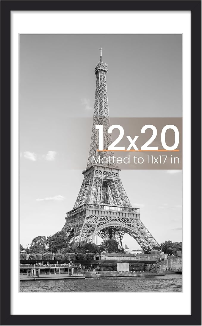 upsimples 12x20 Frame, Display Pictures 11x17 with Mat or 12 x 20 Without, Wall Hanging Photo Frames, Black, 1 Pack