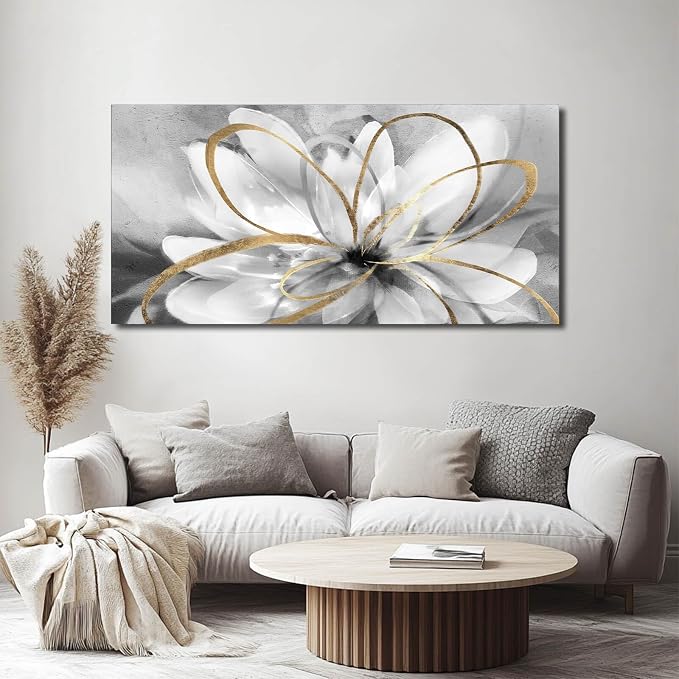 SOUGUAN Flower Wall Room Decor Gold Decoration White Flower Artwork for Living Room Office Dining Room 24x48 Inch
