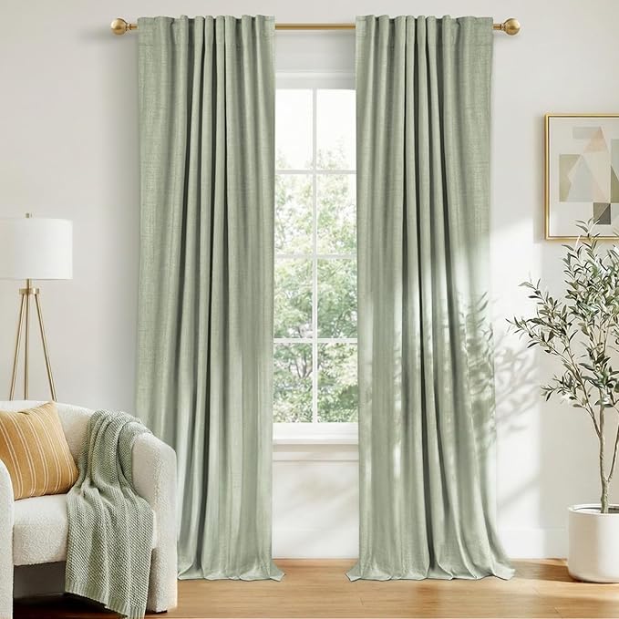100% Blackout Shield Linen Blackout Curtains for Bedroom 102Inches Long, Back Tab/Rod Pocket Living Room Drapes, Thermal Insulated Blackout Curtains 2 Panels Set, 50" W x 102" L,Sage Green