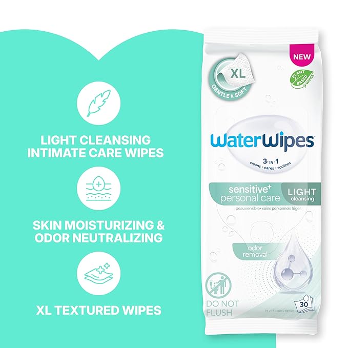 WaterWipes Sensitive Personal Care Light, Incontinence Wipes, Odor Removal, XL Textured Wipes, Fragrance Free, 540 Count (18 Packs)