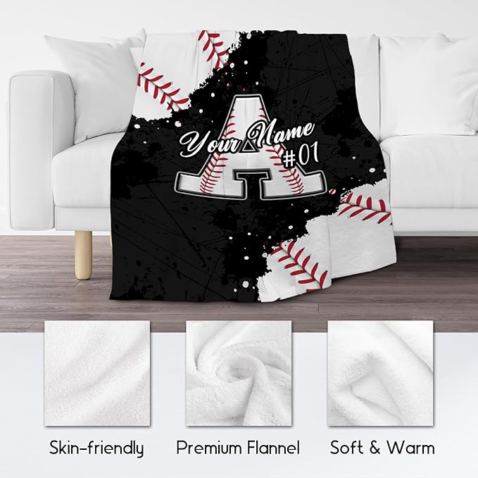 Personalized Baseball Blanket - Custom Initial Name Gifts for Boys - Soft Sports Flannel Throw for Adults - 60x80 Inches Large Blanket - Cool Ideas Decoration for Baseball Lovers