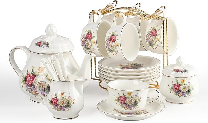 Sweejar 23 Pcs Floral Tea Sets with Metal Holder, Relief Gold Rim Porcelain Tea Sets for Adults, Cup and Saucer Set for 6, with Teapot, Sugar Bowl, Milk Jug, Spoons (Flower Style)