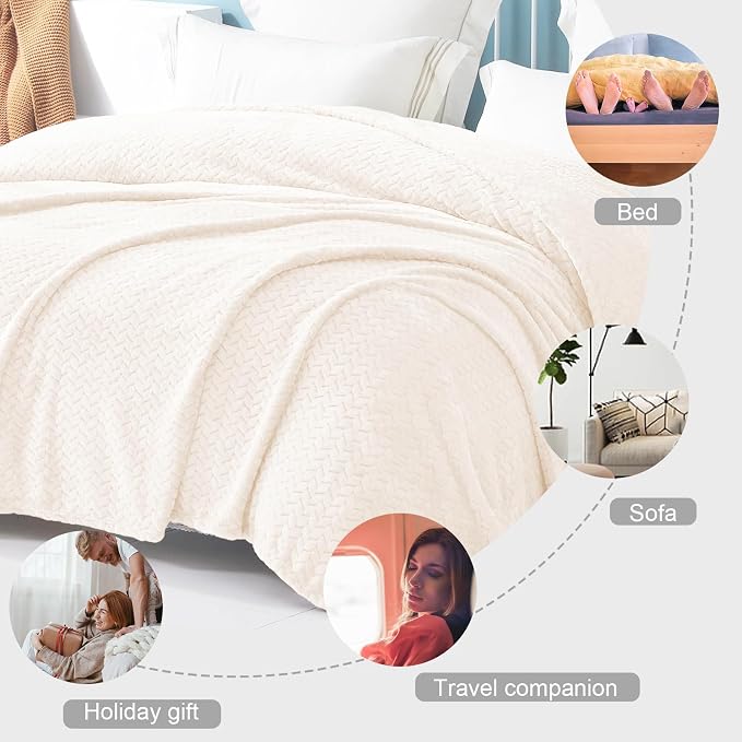Exclusivo Mezcla Soft Fleece Bed Blanket King Size, 90”x104”, Off White | Cozy Fluffy Lightweight Blankets for Summer, Decorative Plush Flannel Throws for Living room, Bedroom with Leaves Pattern