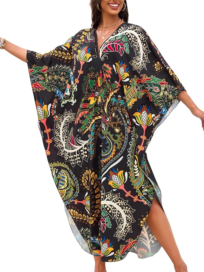 ChiaoLezhee Print Moo-Moos for Women, Kaftan Cover-Up Dresses, Sexy V-Neck High-Slit, Beach Pool-Party Coverups Muumuu Plus