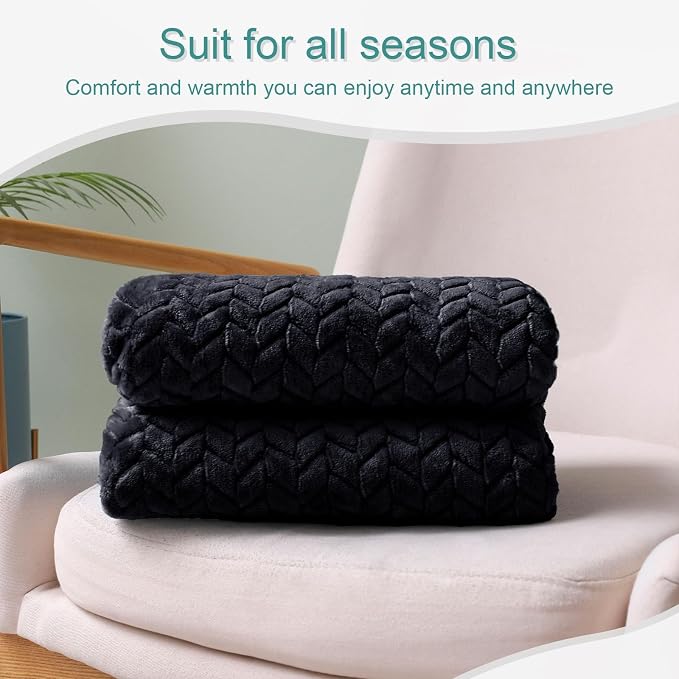 Exclusivo Mezcla Fleece Throw Blanket for Couch Sofa, 50”x70”, Black | Oversized Soft Cozy Fluffy Blankets for Summer, Decorative Plush Flannel Throws for Living room, Bedroom with Leaves Pattern