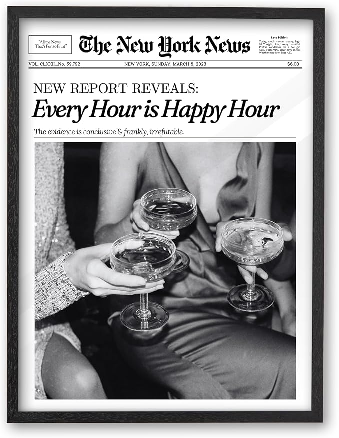iHery Small 8x10in Every Hour Is Happy Hour Framed Newspaper Wall Art | Black Natural OAK Wood Frame with Canvas Print, Retro Decor for Bedroom, Girl Dorm, Living Room and Gallery Wall, 1Pack