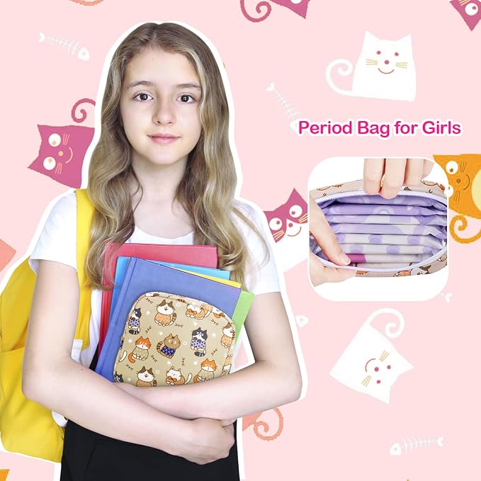 Likesing Period Bag Pouch, Canvas Sanitary Napkin Storage Bag for Girls Womens, Portable Sanitary Napkin Period Pad Pouch for Purse, Small Make Up Bags(Khaki Cat)