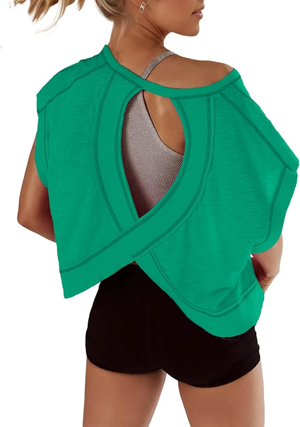 Kumufenc Women Short Sleeve Workout Shirts Open Back Tops Casual Yoga Y2k Athletic Gym Slouchy Crop Running Tees