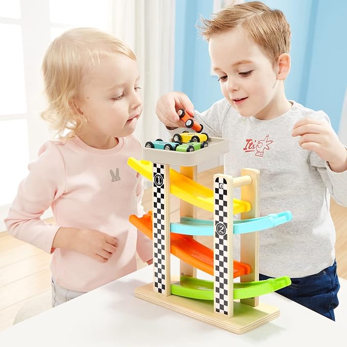 Toddler Toys for 1 2 Year Old Boy and Girl Gifts Wooden Race Track Car Ramp Racer with 4 Mini Car
