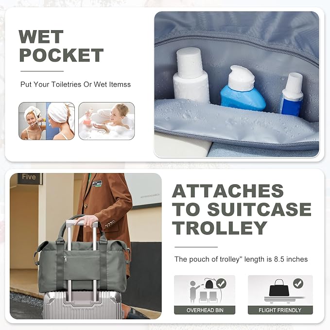 Travel Duffel Bag, Carry On Overnight Weekender Bags for Women | Travel Bag with Wet Pocket & Trolley Sleeve, For Spirit Airlines 18x14x8 Personal Item Bag
