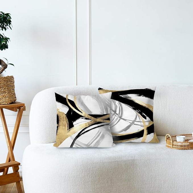 Black White and Gold Pillow Covers, Abstract Black and Gold Pillow Covers 24x24 Set of 2, Modern Boho Home Decor, Black and Gold Decorative Throw Pillows Cover for Couch Living Room Bedroom