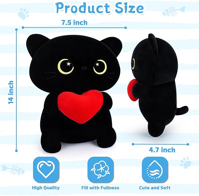 Achwishap Black Cat Plush,Cute Cat Stuffed Animal-14” Kawaii Black Cat Plush Toys Birthday Gifts for Girls Boys Adults,Cute Plushies Soft Kitten Plushie Cuddle Pillow for Kids,Red Love Heart Plush