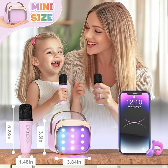 FLUESTON Mini Karaoke Machine for Kids Adults, Portable Bluetooth Speaker with 2 Wireless Microphones, Toys for Girls Ages 3, 4, 5, 6, 7, 8, 9,10,11,12+ Years Old, Birthday Valentines Gifts for Kids