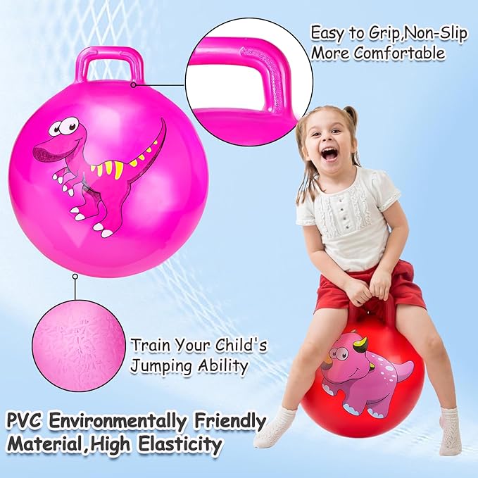 Dinosaur Bouncy Balls with Handle for Kids, 2 Pack Ride On Toy Balls for Kids 3 4-8, 15 Inch Hopper Ball with Air Pump, Jumping Ball School Sports Games Balance Exercise Indoor Outdoor
