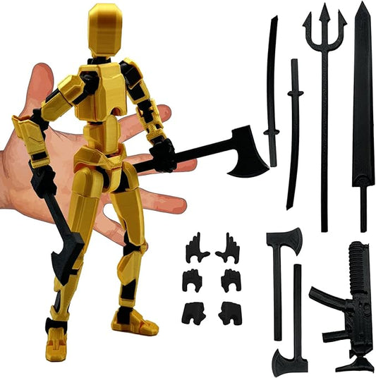 3D Printed Enlarge Body Size 8.1-inch Action Figure Dummy20, Full Body Mechanical Movable Toy, Multiple Accessories, Desk Decoration (Bracket, 3 HandsType, Weapons, Armour) (Brilliant Gold)