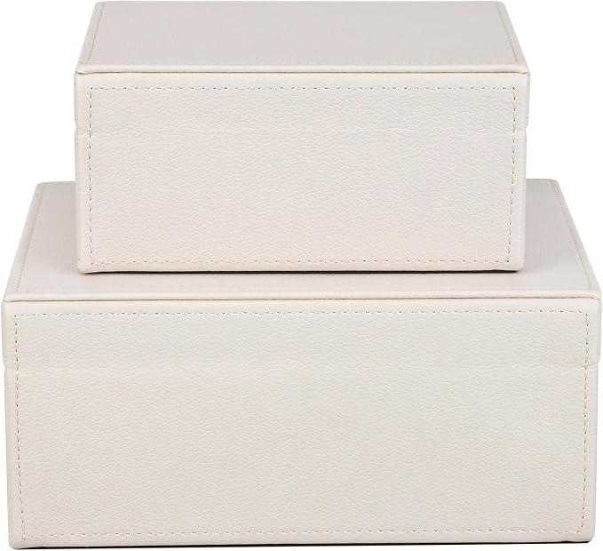 HofferRuffer Faux Leather Jewelry Boxes, Decorative Boxes Storage Accessory Organizer with Gold Hardware Decor, Classic Vegan Leather Set of 2 Pieces (CreamWhite)