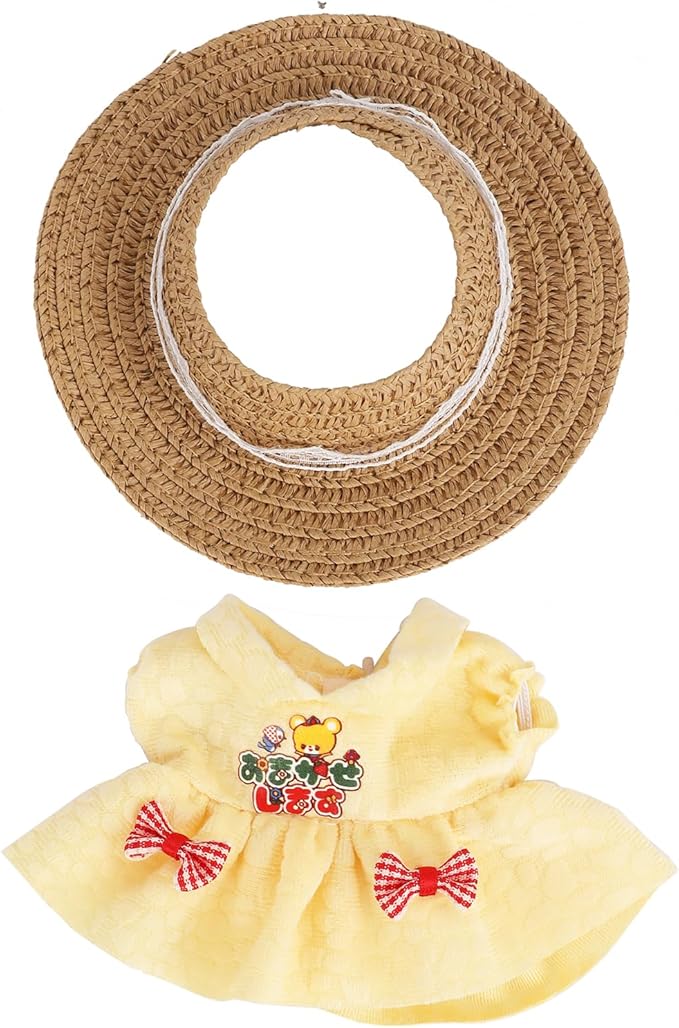 17 Cm Doll Clothes (No Doll) - Premium Doll Clothing & Accessories, Summer Straw Hat Set - Lace Straw Hat+Yellow Dress(Style K)