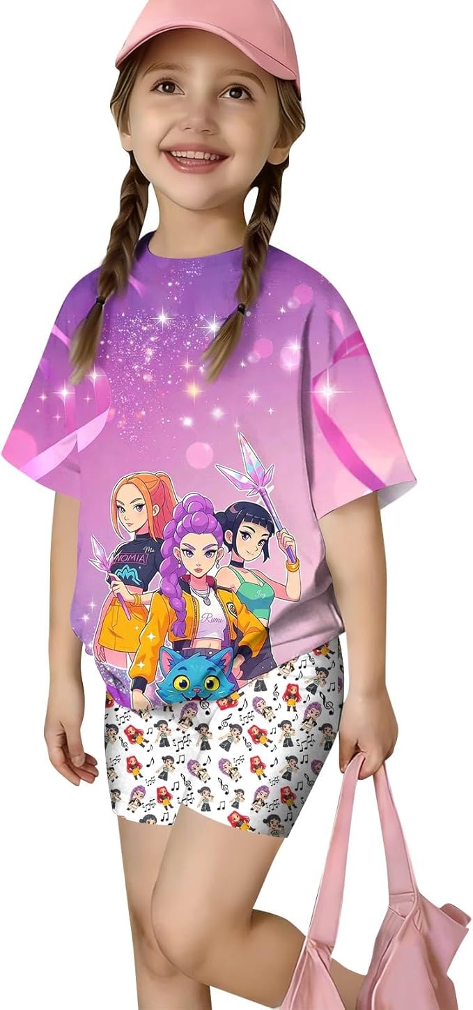 K-POP DEM0N Hunters Outfits for Girls, 2 Piece T-Shirts and Apparel Sets Birthday Gift