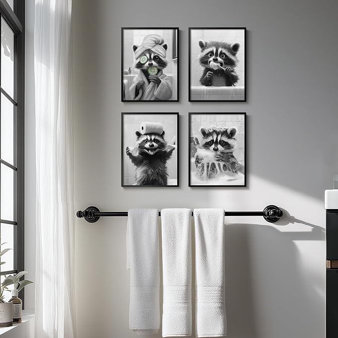 Framed Funny Bathroom Wall Art, 4 Piece Black and White Raccoon Prints, Cute Animal Toilet Canvas Artwork for Restroom Bathroom Home Decor, 11x14 Inch