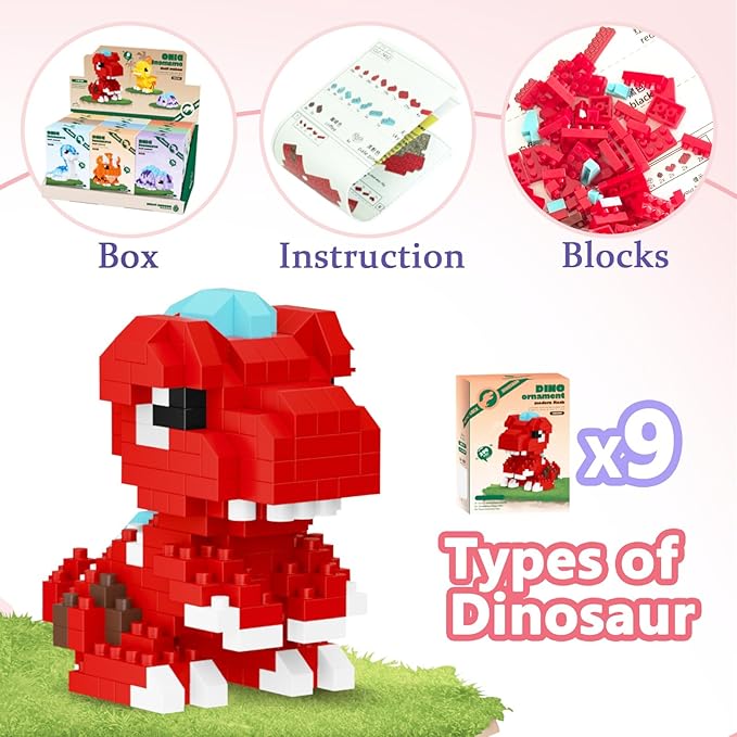 9 Packs Mini Building Set Dinosaur Toys for Adult, Cut Dionsaur Building Blocks Party Favors Toys, Assemble Game Home Decor Creative Birthday Gifts for Boys Girls
