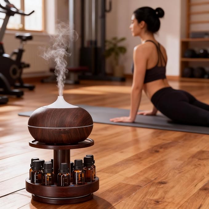 TJ.MOREE Bamboo Essential Oil Organizer 2-Tier Carousel Holder Black Walnut | Bamboo Material, Fits 5 ml to 30 ml Essential Oil Bottles, Suitable for Home and Office Spaces