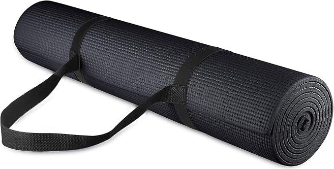 Signature Fitness All Purpose 0.25 Inch Thick High Density No Tear Exercise Yoga Mat with Strap & Lightweight Features for Indoor & Outdoor Use, Black