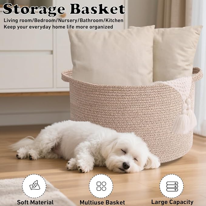 90L Extra Large Blanket Basket,Woven Rope Laundry Basket-Brown | Collapsible, reinforced handles, nursery storage bin organizes clothes, toys and pillows for living room, bedroom bathroom.