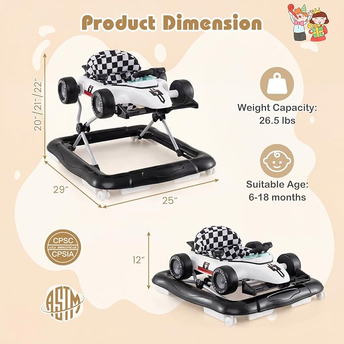 HONEY JOY Baby Walker, 4-in-1 Foldable Infant Activity Push Walker, Toddler Car Walker with Adjustable Heights, Music, Lights, Padded Seat, Baby Walker with Wheels for Boys Girls 6-18 Months (White)