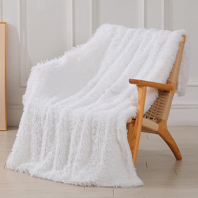 Decorative Extra Soft Faux Fur Throw Blanket 50" x 60",Solid Reversible Fuzzy Long Hair Shaggy Blanket,Fluffy Cozy Plush Fleece Comfy Microfiber Fur Blanket for Couch Sofa Bed,Pure White