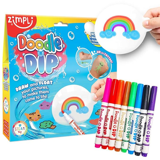 Doodle N Dip, Draw and Float Your Pictures and Add Them as Temporary Tattoos, 8 x Magic Markers & Picture Paddle, Magical Water Colouring Painting Pens, Creative Toy for Children
