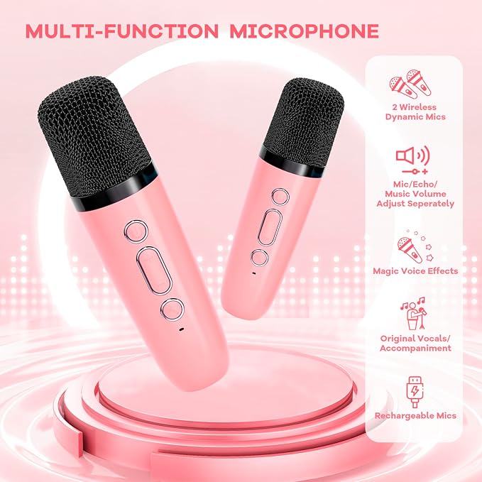 Karaoke Machine for Kids, Portable Mini Speaker with 2 Wireless Microphones, 2026 Top Toys Birthday Gifts for Girls 3, 4, 5, 6, 7, 8, 9, 10, 12+ Years Old Toddler Party Grandkids Present (Rose)