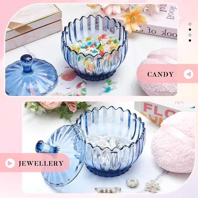 Tioncy 2 Pcs Extra Large Dusting Powder Puff and Container for Women-6'' Glass Crystal Dusting Powder Container Soft Washable Reusable Velour Face(Blue,Scalloped)