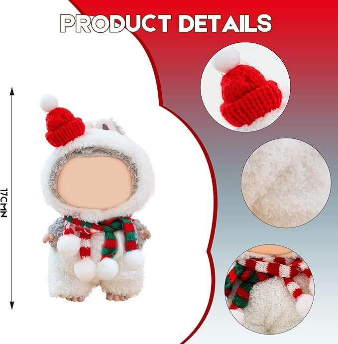 Clothes for Labubu Doll,6.7 Inch Doll Clothing Set - 4 Pieces of Handmade Clothes and Accessories for 17cm Plush Toys - Santa Hat Head Cover + Snowman Clothes + Red Striped Scarf + Green Striped Scarf