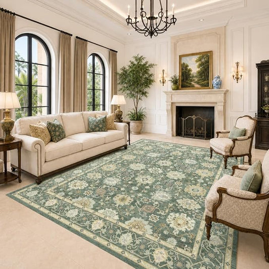 AMADA HOMEFURNISHING 8x10 Area Rug for Living Room, Vintage Washable Area Rug Low-Pile & Non-Slip Carpet for Bedroom Dining Room Nursery Home Office, Olive Green
