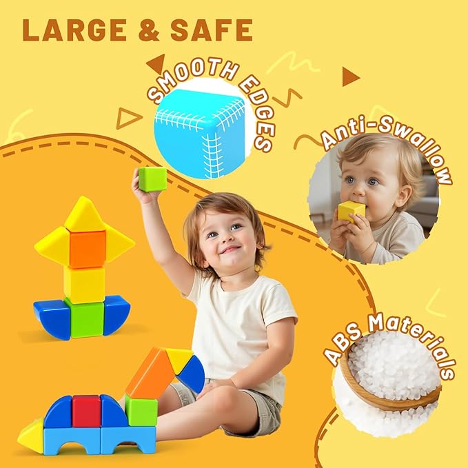 Magnetic Building Blocks, Large Magnetic Stacking Blocks for Toddlers, 1.65 Inch 3D Magnet Cubes & Multiple Shapes, Montessori & Sensory Toys for Kids Ages 1-3 (15PCS)