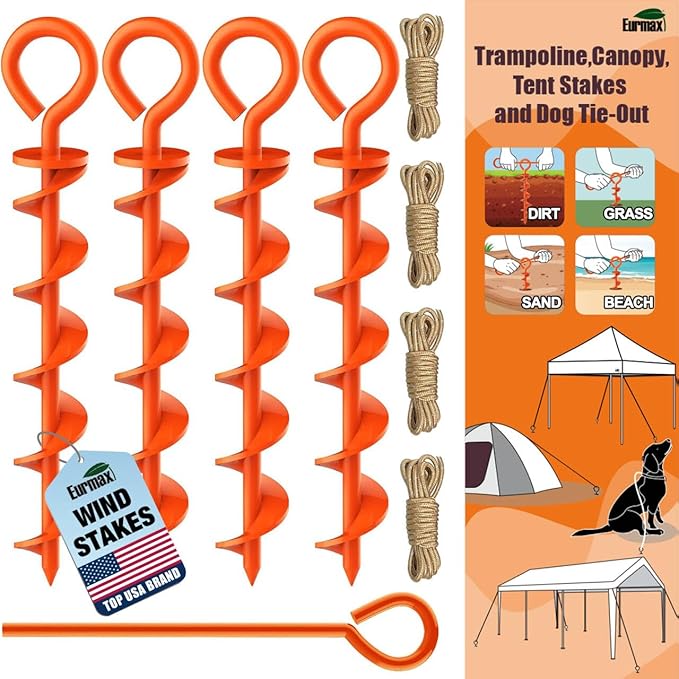 Eurmax USA 4 Pack Heavy Duty Ground Stakes,Industrial Grade Spiral Steel Screw-in Anchors with 4 Bonus Tie-Down Ropes,High Wind Stabilizing Kit for Trampolines,Dog Tie-Out,Canopy Tents,Sheds,Orange