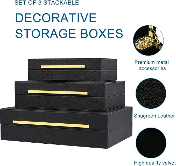 Black Shagreen Box Faux Leather Set Of 3 Pcs Storage Decorative Boxes,Modern Stacking Decorative Boxes with Lids For Home Decor Coffee Table Top Storage Jewelry Box Organizer