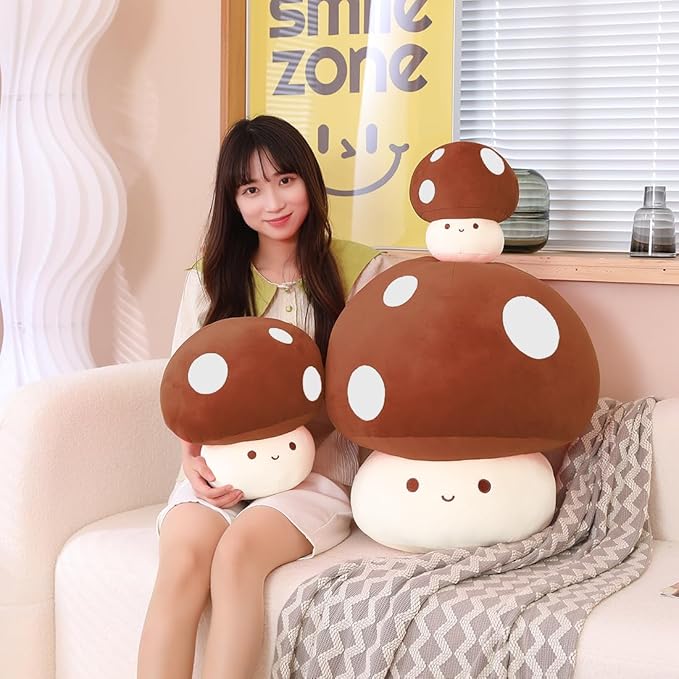 Cute Mushroom Plush Toy, Brown Mushroom Plush Pillow 3D Soft Mushroom Plushie, Mushroom Hugging Plush Pillow Gift for Girls Kids Home Mushroom Decor Christmas Birthday 35cm