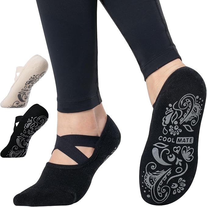 COOLMATE Pilates Socks with Grips for Women, Yoga Socks, Crew Non Slip Women for Barre, Pilates Gifts for Women
