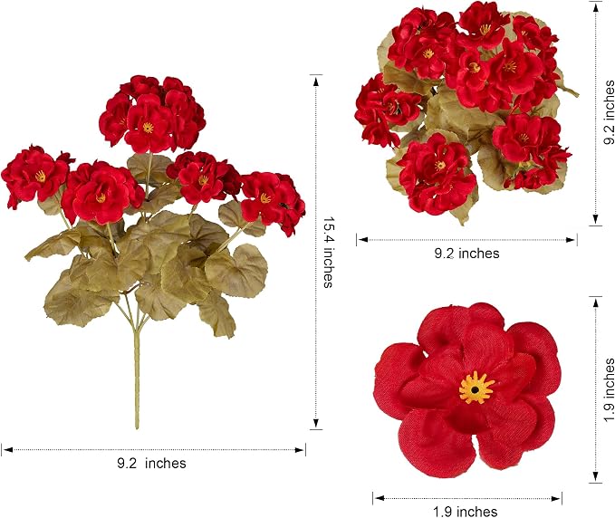 Fake Geraniums Artificial Flowers for Outdoors Fall Autumn Decoration, 6 Bundles Silk Geraniums Look Real Faux Fall Flowers Plants for Front Door Garden Planter Patio Balcony Yard Home Indoor, Red