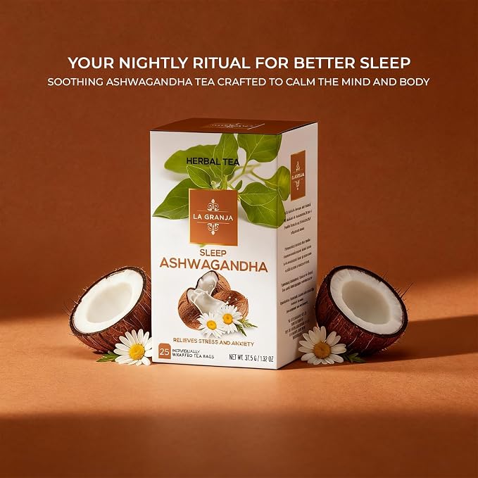 Life Plus Style Gourmet La Granja Sleep Ashwagandha Herbal Tea 25 Individually Wrapped Tea Bags Caffeine Free Nighttime Blend with Chamomile Holy Basil and Fennel Lime Leaves