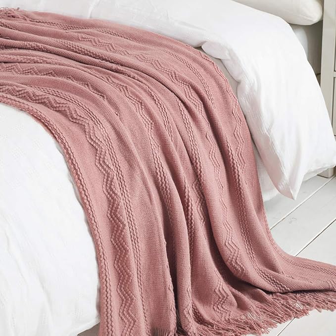 BOURINA Coral Pink Throw Blanket 50x90Inch Boho Knit Soft Throw Bed Blanket | Knitted Throw Blanket 50x90 Inches, Soft Lightweight Boho Weave Throw Decorative Couch Blanket for Living Room Bed Runner