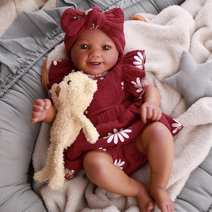 BABESIDE 2 Pcs Reborn Baby Doll Clothes with Headband for 17-22 Inch Dolls, Floral Patterns Reborn Baby Doll Accessories Set for Newborn Babydolls, Wine Red