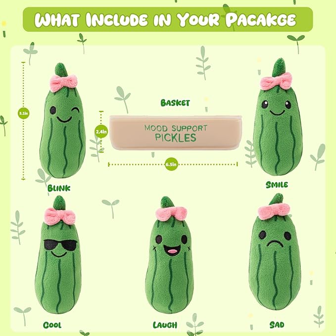 Mood Support Stuffed Animals Pickles: 5 Squishy Plushie Pickles in Basket | Emotional Relief Cute Plush Pickle Stuffed Toy | Christmas Stocking Stuffers, Valentine's Day & Birthday Gifts for Adults