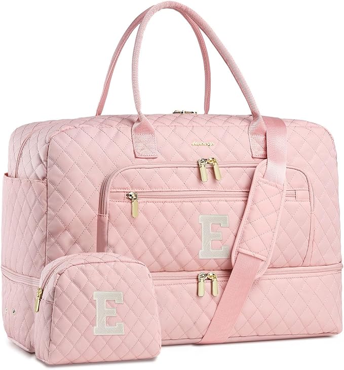 Initial Travel Duffle Bag for Women - Pink Personalized Weekender Bags Overnight Bag with Shoe Compartment & Wet Pocket Weekend Tote Bags with Toiletry Bag Monogram Gifts (Letter E)