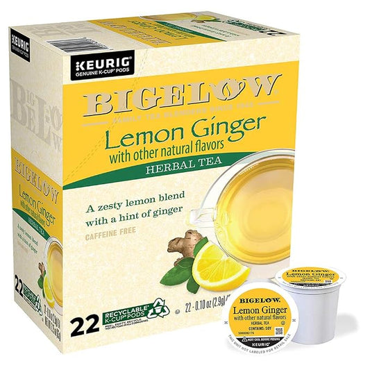 Bigelow Lemon Ginger Tea Single Serve Keurig Herbal Tea K-Cups Pods, 22 Count Box (Pack of 4) Caffeine Free Herbal Tea, 88 K-Cups Pods Total
