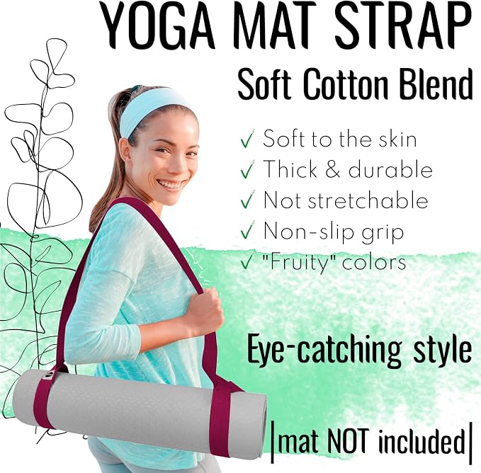 TECEUM Yoga Mat Strap – Extra Soft & Thick Cotton Carrier for All Mats | Adjustable Skin-friendly & Non-Slip Mat Holder Sling in 30+ Colors [Mat Not Included]