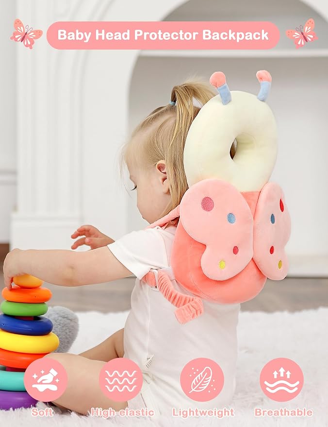 JunNeng Baby Head Protector Backpack, Toddler Walking Fall Head Protection, Pink Dots Butterfly